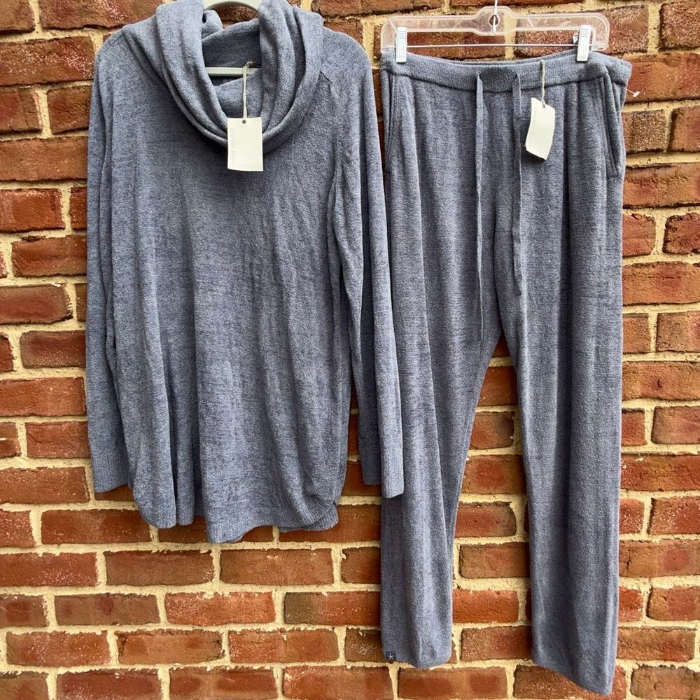 Barefoot Dreams CozyChic ultra Lite coastal cowl neck top joggers set Vintage Bl